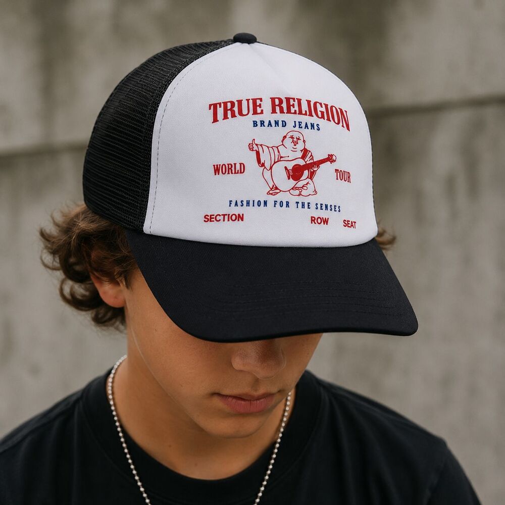True Religion Hat Trucker Youth One Size White Black Mesh Snapback World Tour
